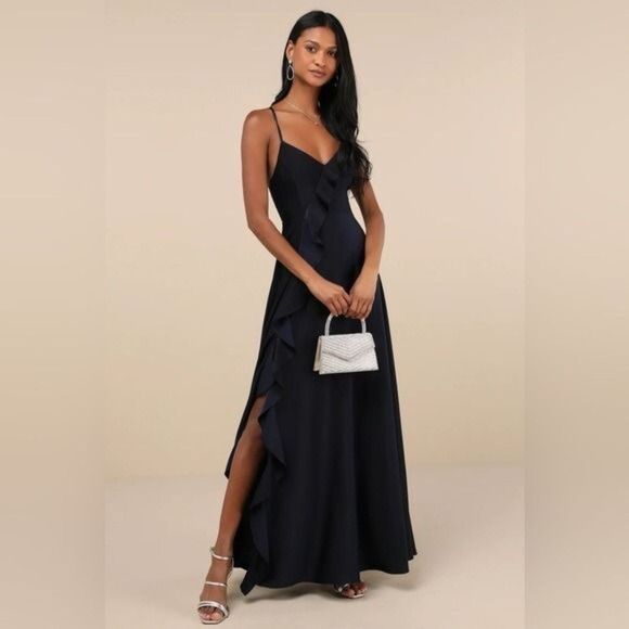 Lulus Stylish Grace Navy Blue Backless Lace-Up Ruffled Maxi Dress Size Small NEW - Picture 8 of 12